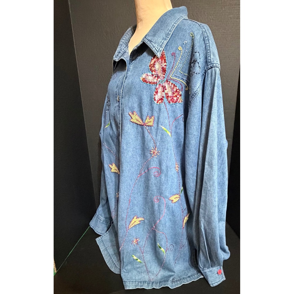 Butterfly Sequin Beaded Embellished Floral Quacker Factory Womens 2X Denim Shirt - Picture 4 of 8